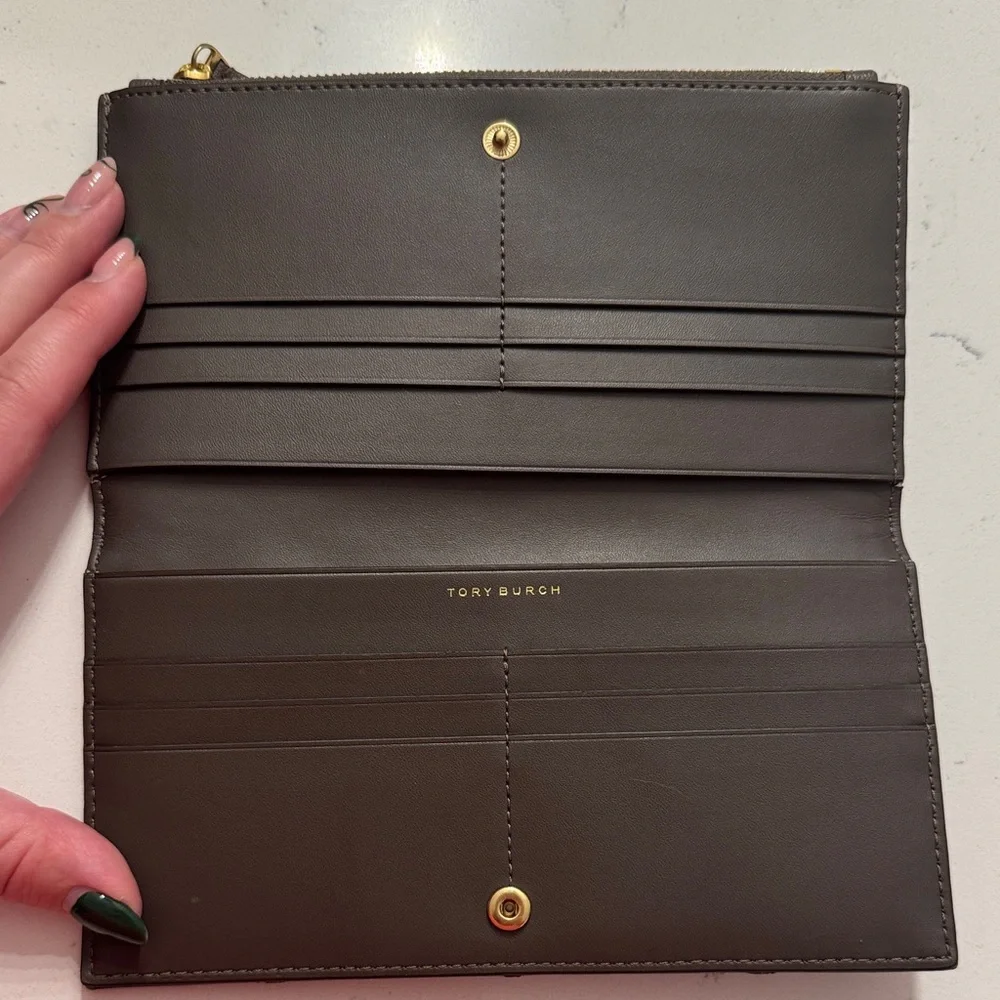 Tory Burch Quilted Zip Clutch in Olive Brown with Gold Logo
